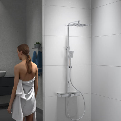 SCHÜTTE Ocean 60531 Douchesysteem met thermostaat en glazen legplank, doucheset met 30 x 30 cm, regendouche met wandhouder en douchekop, chroom/antraciet