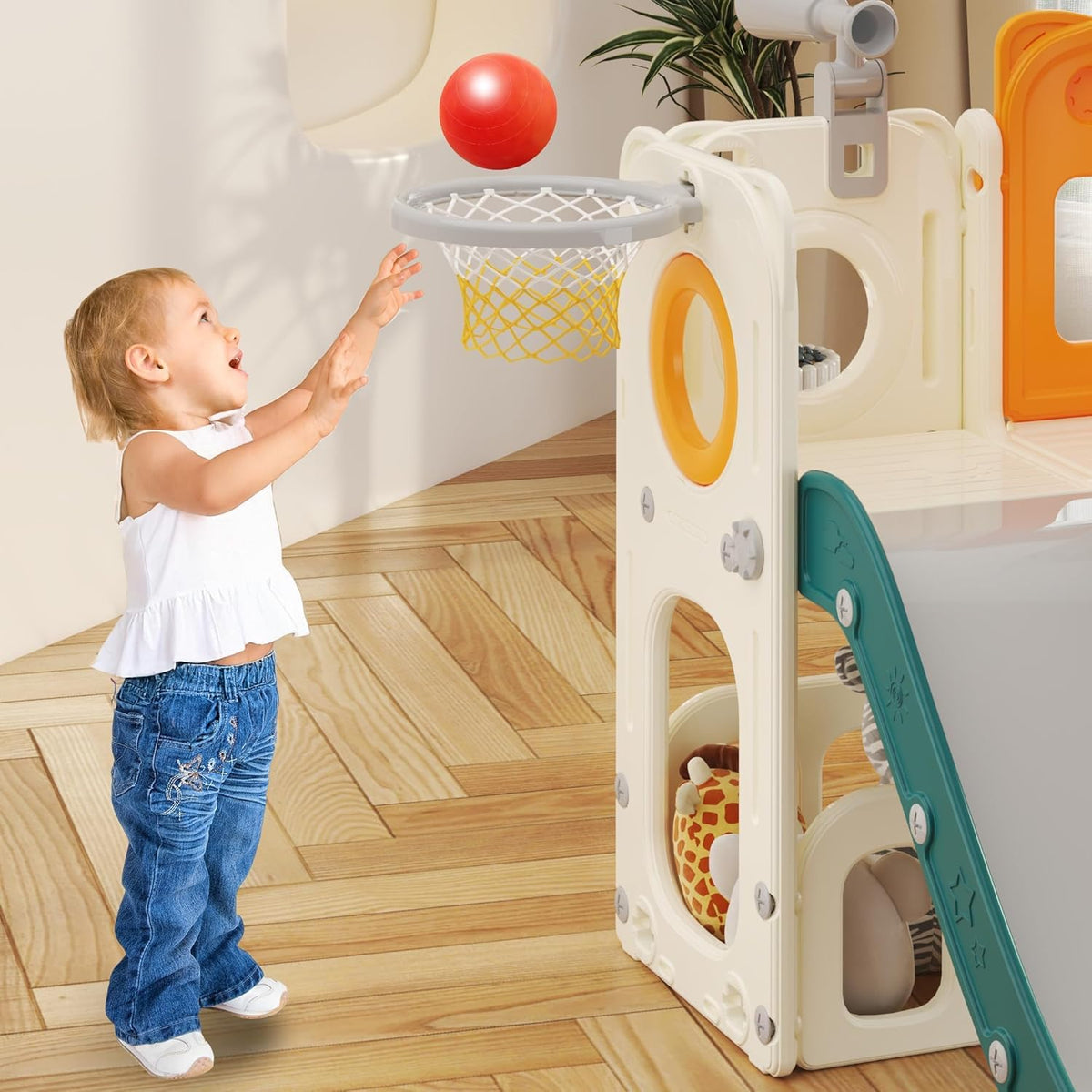 Kinderglijbaan met klimladder, basketbalkorf en tunnel, kunststof glijbaan voor binnen voor kinderen, Montessori-spelletjes voor speelplaats, groen