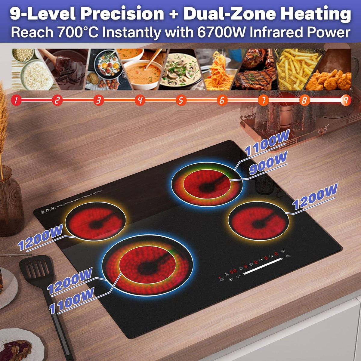 Infrarood kookpan met 4 zones, 60 cm, voor de keuken, elektrische kookplaat, 6700 W, ingebouwde kookplaat, keramische kookplaat, vier ringen, glazen kooktop