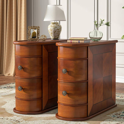 Tribesigns Wooden Side Table Set of 2, Narrow Solid Side Table 2-Drawer Slim Chair Side Table, No Assembly Required, Finished Backing, Walnut