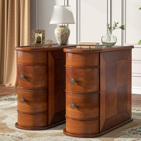 Tribesigns Wooden Side Table Set of 2, Narrow Solid Side Table 2-Drawer Slim Chair Side Table, No Assembly Required, Finished Backing, Walnut