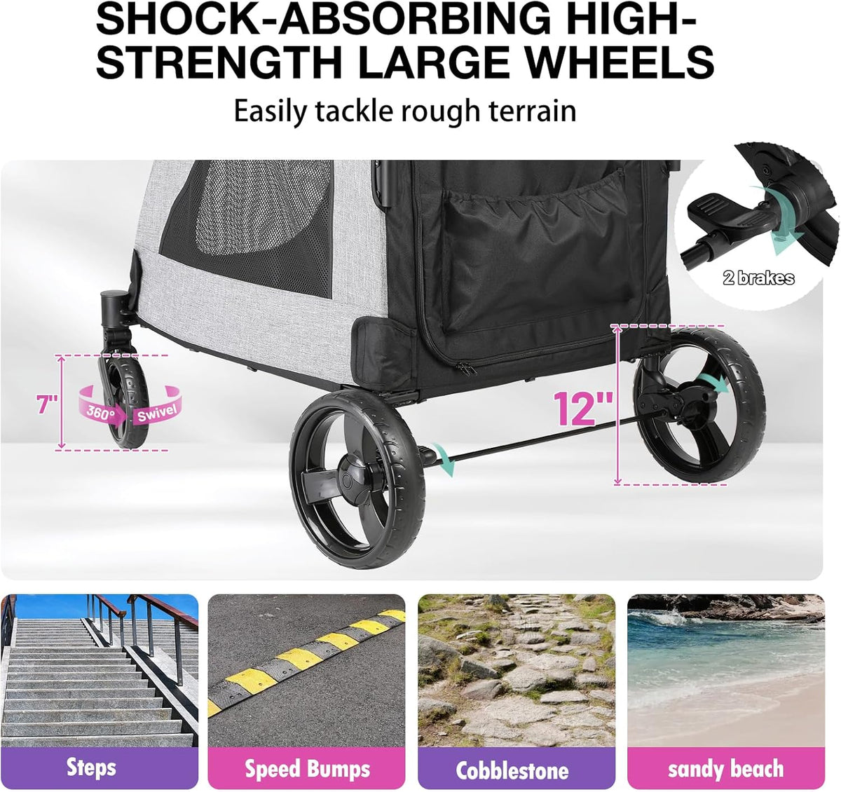 EchoSmile Hondenwagen voor middelgrote en grote honden tot 70 kg, opvouwbare hondenbuggy met netramen, verstelbare handgreep en 4 wielen voor terrein, grijs