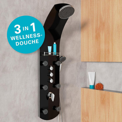 EISL ORSP-YMSBB Caribisch douchepaneel, wellnessdouche 3-in-1 met regendouche, zes massagejets en handdouche, douchearmatuur, eenvoudig te monteren, doucheset van veiligheidsglas, zwart