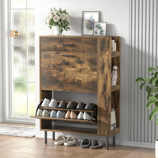 Schoenenkast – Schoenenrek – Schoenenopberger – Schoenenkastje – Schoenenschuiflade – 12-16 Paar - Smal Design – Rustiek Wit