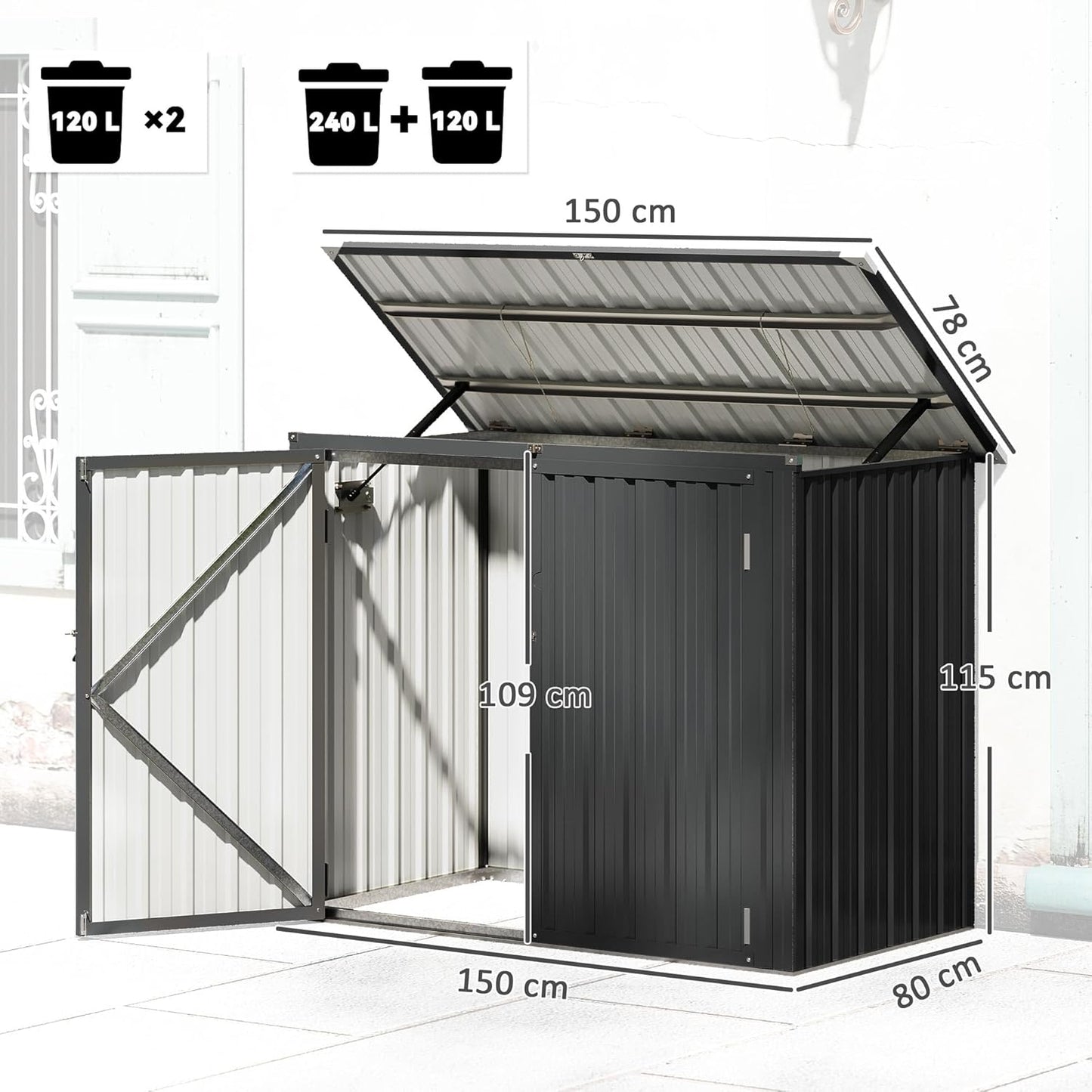 Outsunny afvalcontainerbox voor 2 containers met slot en openklapbaar deksel - Weerbestendig - Donkergrijs - Verzinkt staal - QUORE