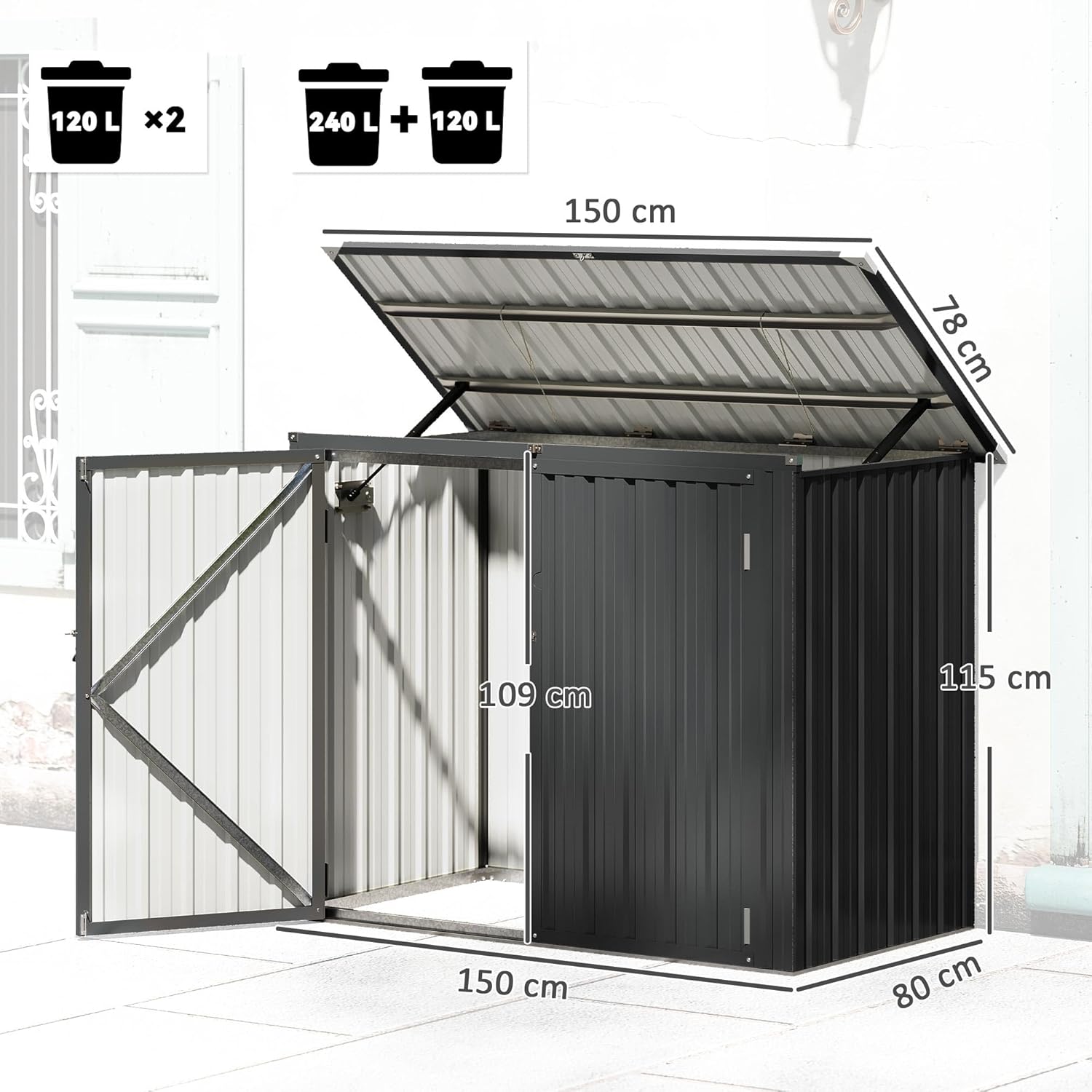Outsunny afvalcontainerbox voor 2 containers met slot en openklapbaar deksel - Weerbestendig - Donkergrijs - Verzinkt staal - QUORE
