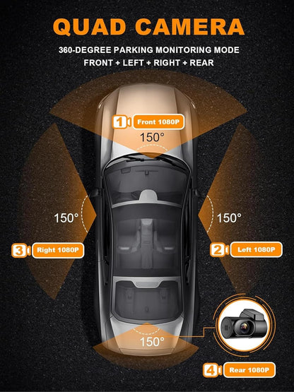 4-Kanaals Dashcam – Auto Camera – Autocamera – Dashboard Camera – Car Dashcam – 4 X 1080P Voor, Achter, Links En Rechts – GPS & Wifi – 24-Uurs Parkeermodus, Nachtzicht, CPL, WDR – 128 GB