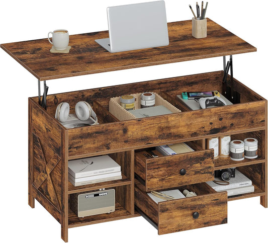 Hzuaneri Coffee Table, Height Adjustable Coffee Table, 2 Drawers and Hidden Storage with Folding Top, 50 x 100 x 47.3 cm, Suitable for Living Room, Dining Room, Vintage Brown-Black CT22101B