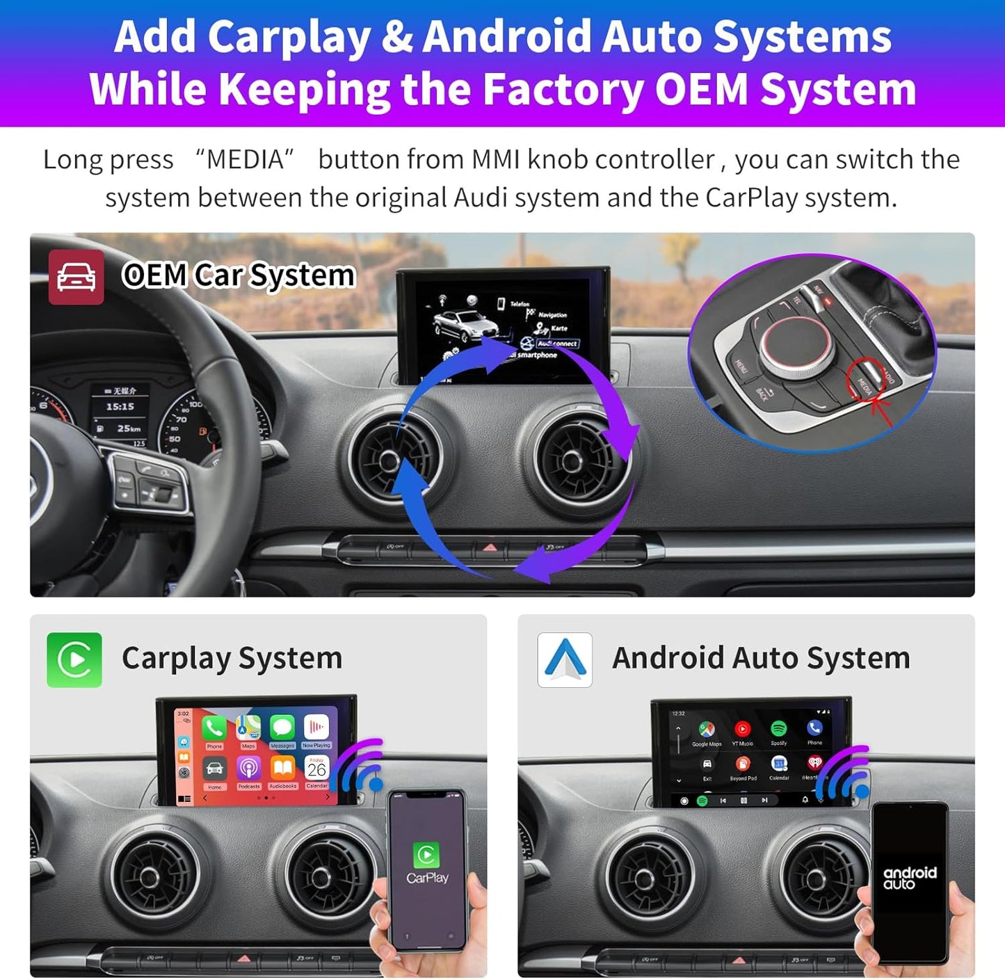 Draadloos CarPlay Android Auto Interface – CarPlay Module – Android Auto Adapter – Infotainment Upgrade – Auto Multimedia Decoder – Draadloze Connectiviteit – Ondersteuning Siri & Achteruitrijcamera