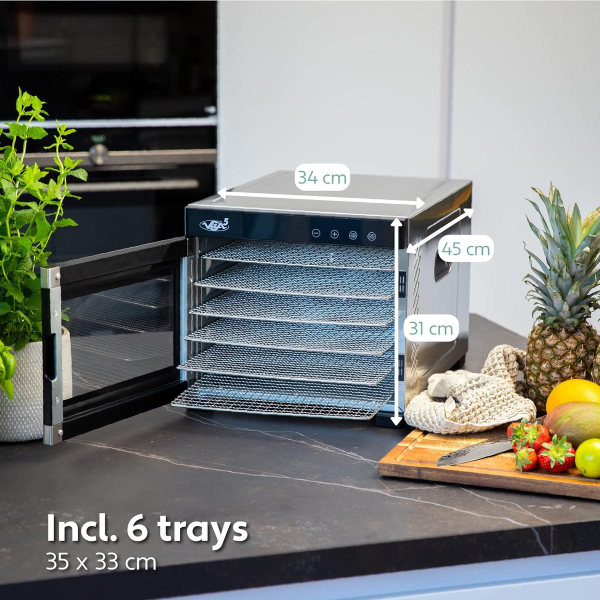 Vita5 Nobel Pro6 Voedseldroger van roestvrij staal met 6 lades - Voedseldroger voor vlees. fruit. groenten en champignons - 24-uurs timer en instelbare temperatuur 35-75°C - 650W
