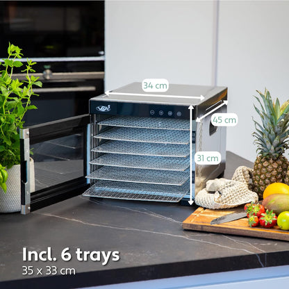 Vita5 Nobel Pro6 Voedseldroger van roestvrij staal met 6 lades - Voedseldroger voor vlees. fruit. groenten en champignons - 24-uurs timer en instelbare temperatuur 35-75°C - 650W