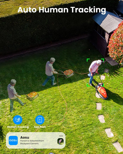 AOSU Draadloos Buiten Systeem voor Zonnebeveiligingscamera's, 3K/5MP WiFi Camera op Batterij voor Huisbeveiliging, Panoramische PTZ, Auto Tracking, Nachtzicht, Spotlights, 2-Weg Gesprek