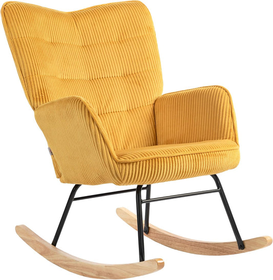 HOMCOM Rocking Chair, Rocking Chair with Barber Fleece Look, Armrest, Chair with Wooden Glides, Relax Chair for Living Room, Bedroom, Yellow - QUORE