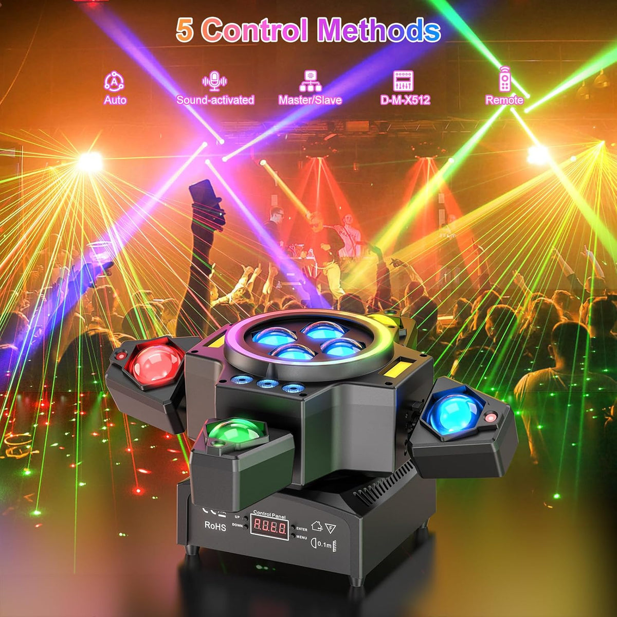 150 W bewegende kop podiumlichtstraal, RGBW LED 4 lamparm wash spotlight met afstandsbediening gouden strobe partylicht schijnwerper voor disco DJ Bar verjaardagsfeest