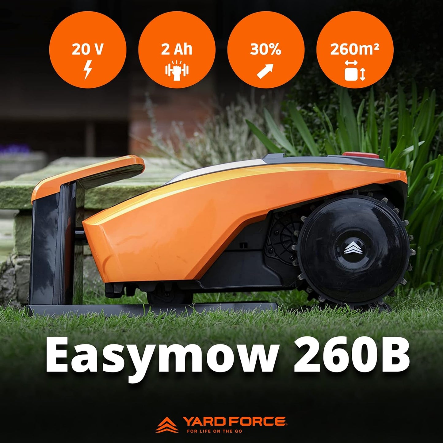 Yard Force EasyMow 260B Robotmaaier, tot 260 m², zelfrijdende robotmaaier, eenvoudige bediening, bediening via Bluetooth en app, 30% helling en 20 V/2,0 Ah lithium-ion-accu,zwart/oranje