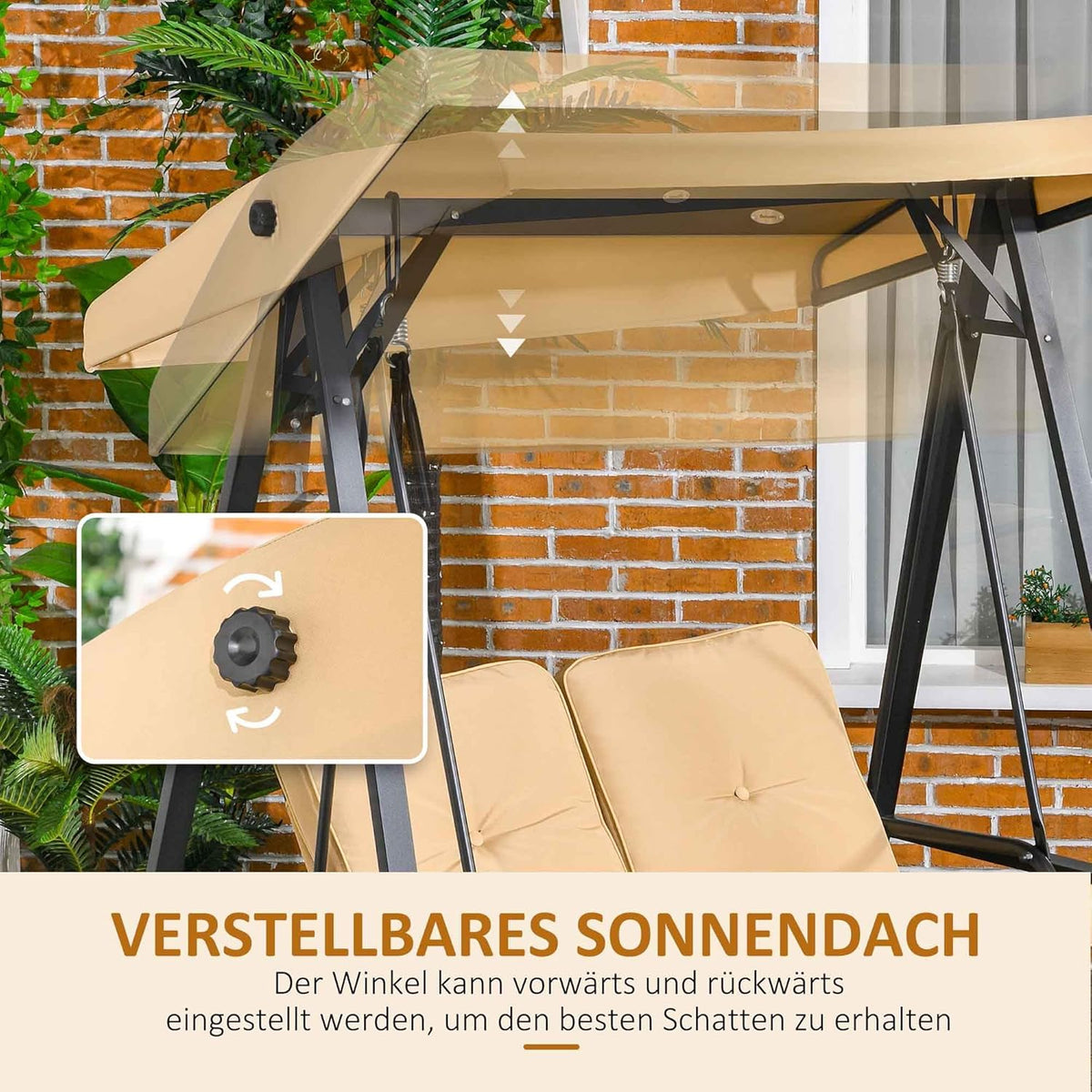 Outsuuny Hollywoodschaukel 3-Sitzer Gartenschaukel mit verstellbarem Sonnendach, Schaukelbank belast bis 220 kg, Gartenliege für Garten, Terrasse, 138 x 106 x 174 cm, Beige - QUORE