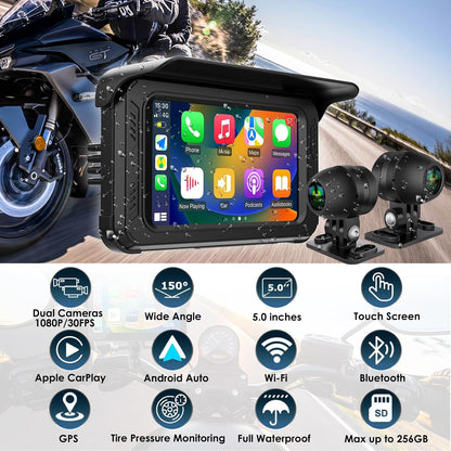 ydi Waterdichte motorfiets dashcam met draadloze CarPlay & Android Auto, 5" IPS-aanraakscherm, camera voor en achter, HD 1080P, TPMS, Bluetooth, Wi-Fi, GPS, max. 256 GB