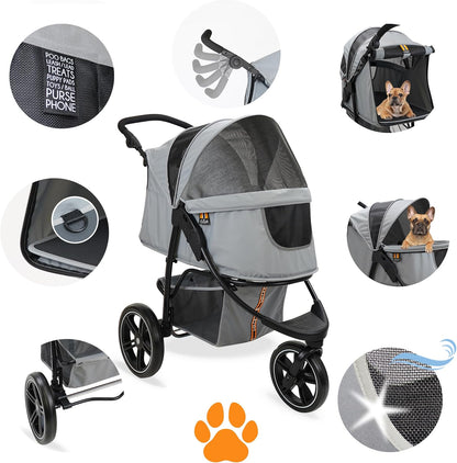 COOPER Hondenwagen en huisdierbuggy tot 32 kg, met opbergmand voor boodschappen, eenvoudig opvouwbaar, 3-voudig in hoogte verstelbaar, reflecterend en modern design, grijs