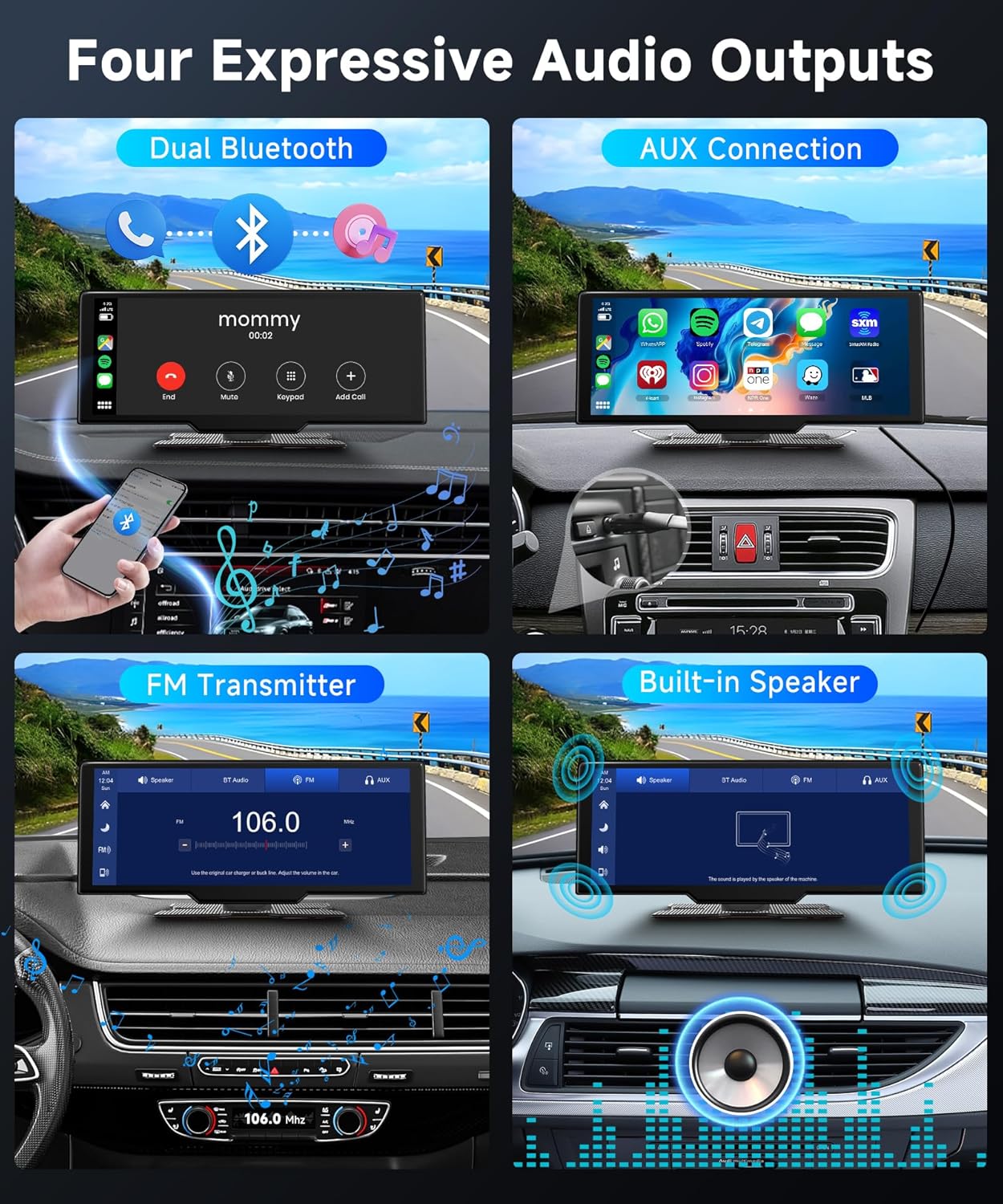 Podofo draagbaar draadloos carplay screen met 2K dashcam voor-en HD-achteruitrijcamera, 9,3-inch draadloos autospel Android Auto touchscreen-display met Bluetooth/GPS/Siri/FM/AUX/64G TF-kaart