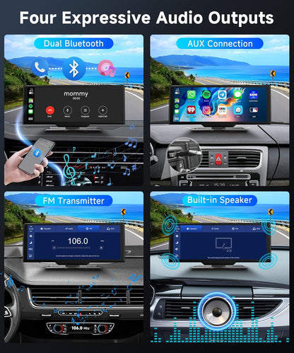 Podofo draagbaar draadloos carplay screen met 2K dashcam voor-en HD-achteruitrijcamera, 9,3-inch draadloos autospel Android Auto touchscreen-display met Bluetooth/GPS/Siri/FM/AUX/64G TF-kaart