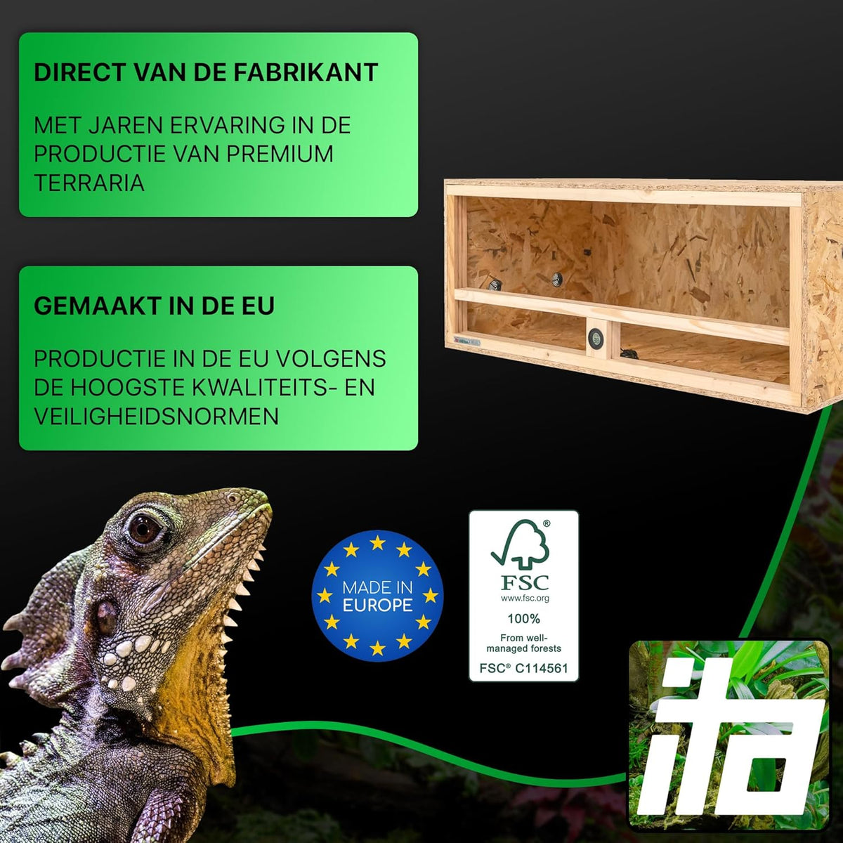 ITA Houten Terrarium 100x50x40 cm met Zijventilatie & Ingebouwde Hygrometer - Houten terrarium van OSB-3 platen - Voor reptielen, slangen, amfibieën - EU Product, FSC gecertificeerd