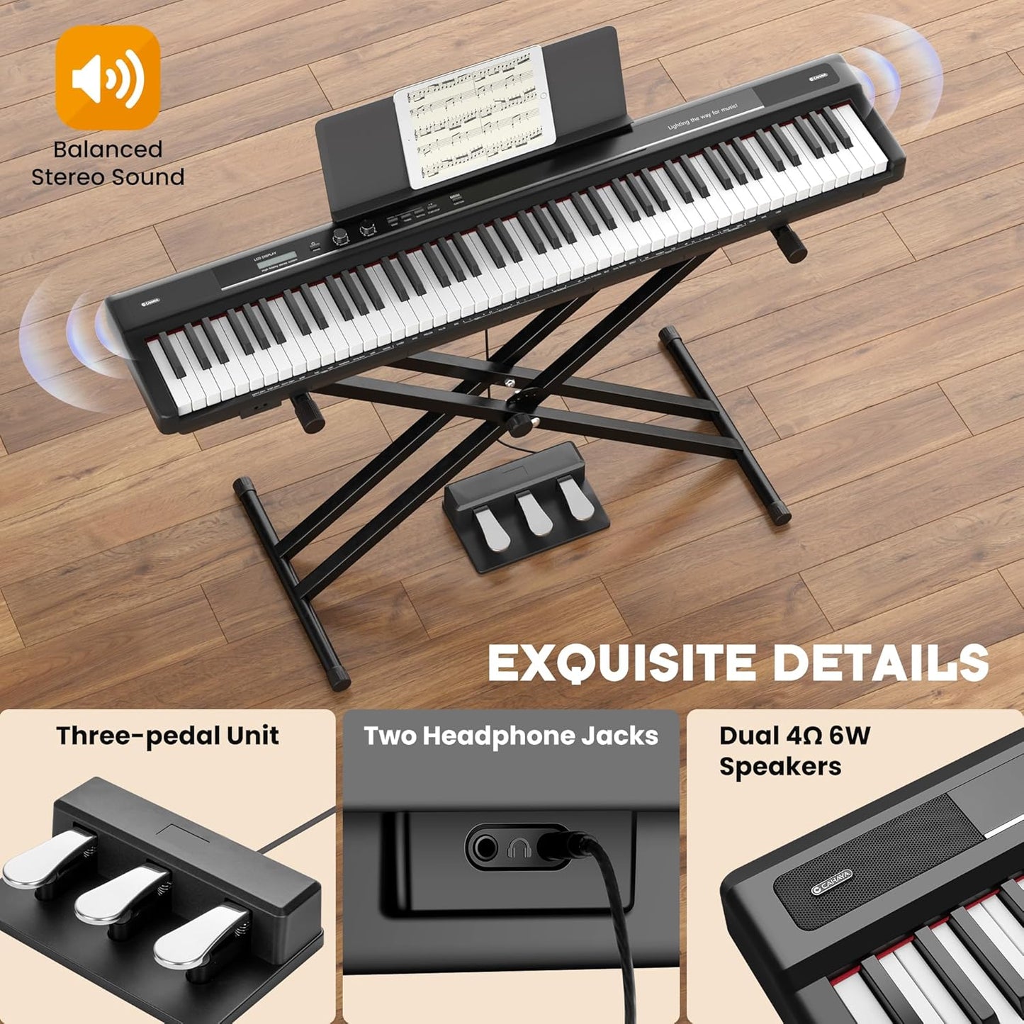 Digitale piano – Elektrische piano – Elektropiano – Keyboard – 88 toetsen – Halfgewogen toetsen – Inclusief Dubbele X-ondersteuning, 3 Pedalen en Muziekstandaard