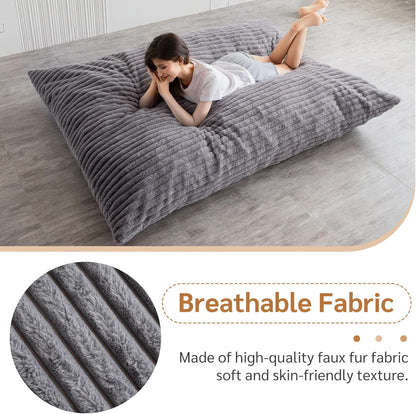 MAXYOYO Huge Bean Bag Bed, Square Bean Bag Chair, Large Sofa with Faux Fur Cover and Fluffy Filling for Adults Couples Guests (Corduroy Grey, 135x190cm)