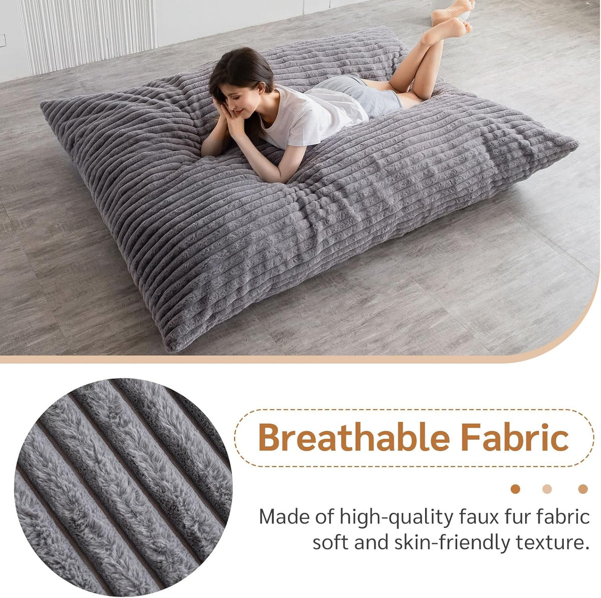 MAXYOYO Enorme zitzakbed, vierkante zitzakstoel, grote bank met imitatiebont en pluizige vulling voor volwassenen, koppels, gasten (corduroy grijs, 150x200 cm)
