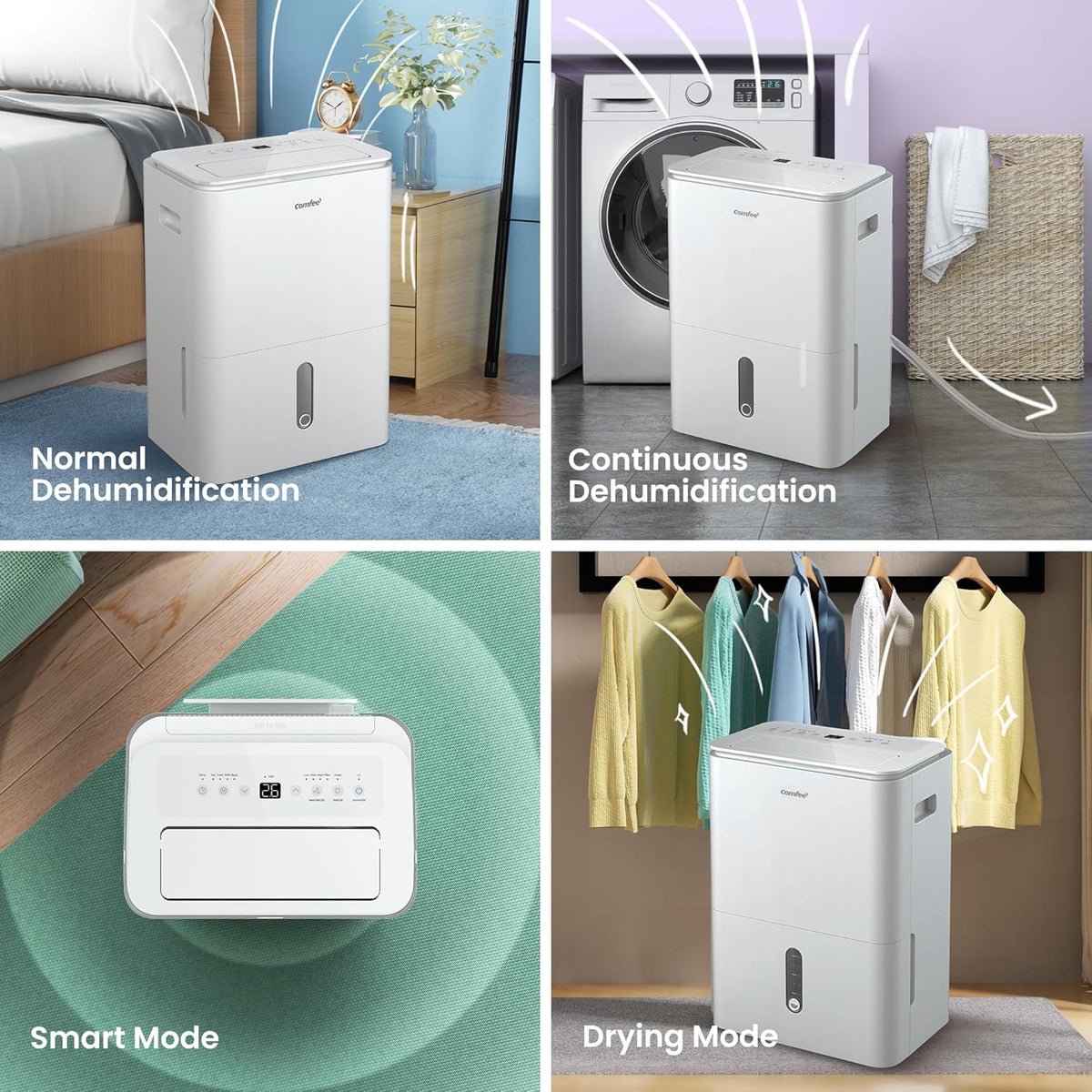 COMFEE luchtontvochtiger Easy Dry 16L/dag, 4 modi, luchtbevochtiger aangesloten, watertank 3 l, wasdroger, swingfunctie, voor ruimtes van 32㎡/80 m³