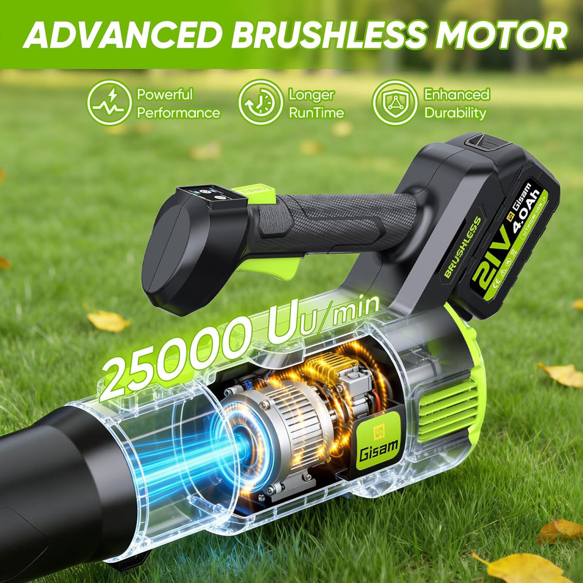 Bladblazer met Accu, Gisam Elektrische Bladblazer Borstelloos met 2x3.0Ah batterijen, Leaf Blower 2 Snelheden + Turbo Schakelaar Max 25000RPM, Luchtvolume 750m³/h, Voor Tuin Gazononderhoud