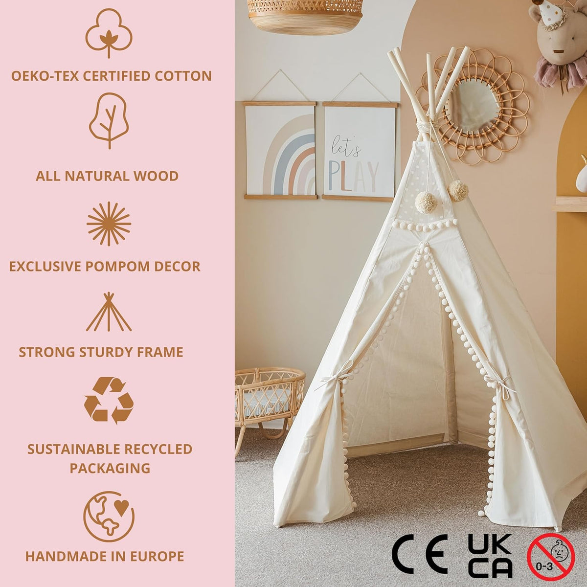 MINICAMP Originele tipi-tent voor kinderen, handgemaakt natuurlijk canvas en houten speelhuis voor kinderen en peuters, indoor logeerpartijtje speeltent voor meisjes en jongens, extra stabiele