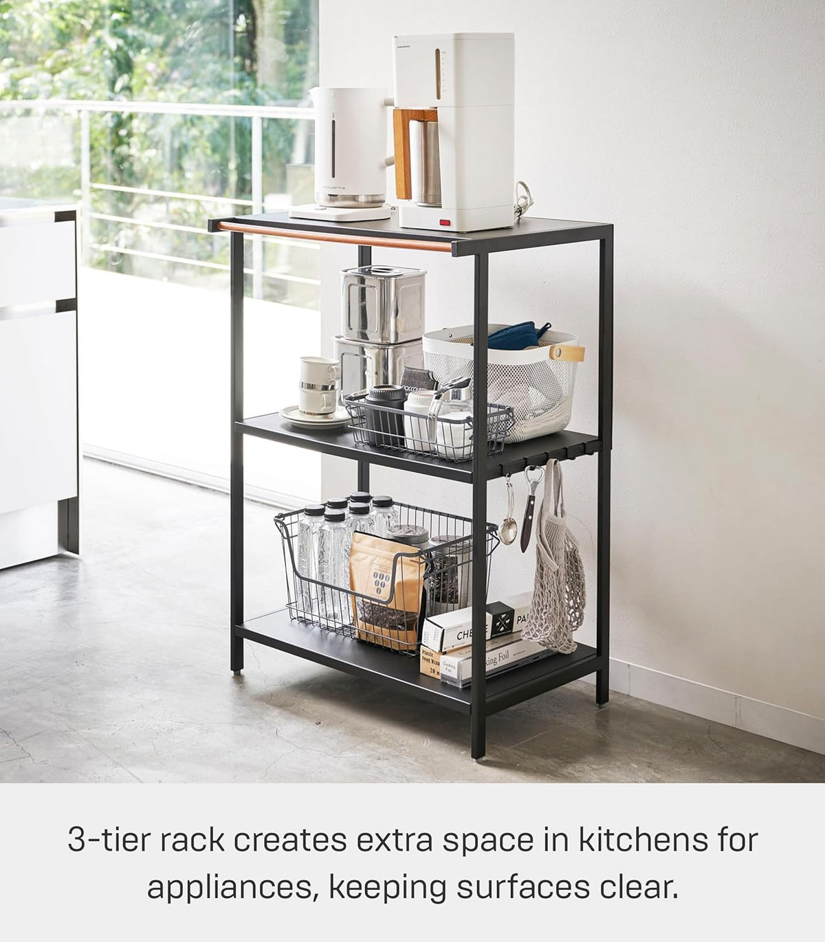 Yamazaki 3598 TOWER 3~Tiered Storage Rack, black, Steel/Wood, 60 x 46.5 x 90 cm