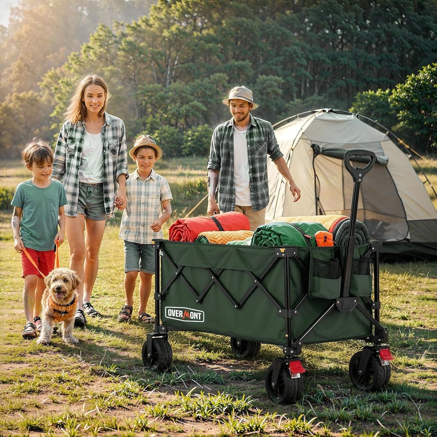 Overmont Opvouwbare bolderkar, inklapbare handwagen, met brede wielen, tot 150 kg draagkracht, voor camping, sport, winkelen, tuin, groen