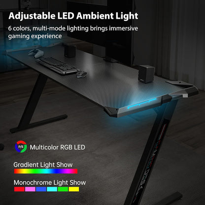 Eureka Ergonomic Gamingtafel, 153 × 60 cm, groot gamingbureau, tafel met ledverlichting, gamer, pc-tafel, desktop op koolstofvezel, gaming computertafel