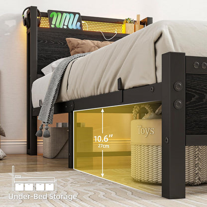 Eenpersoonsbedframe met houten opberghoofdeinde, 90 cm, houten bedframe, eenpersoonsbed met oplaadstation, USB-poorten en ledverlichting, zwart