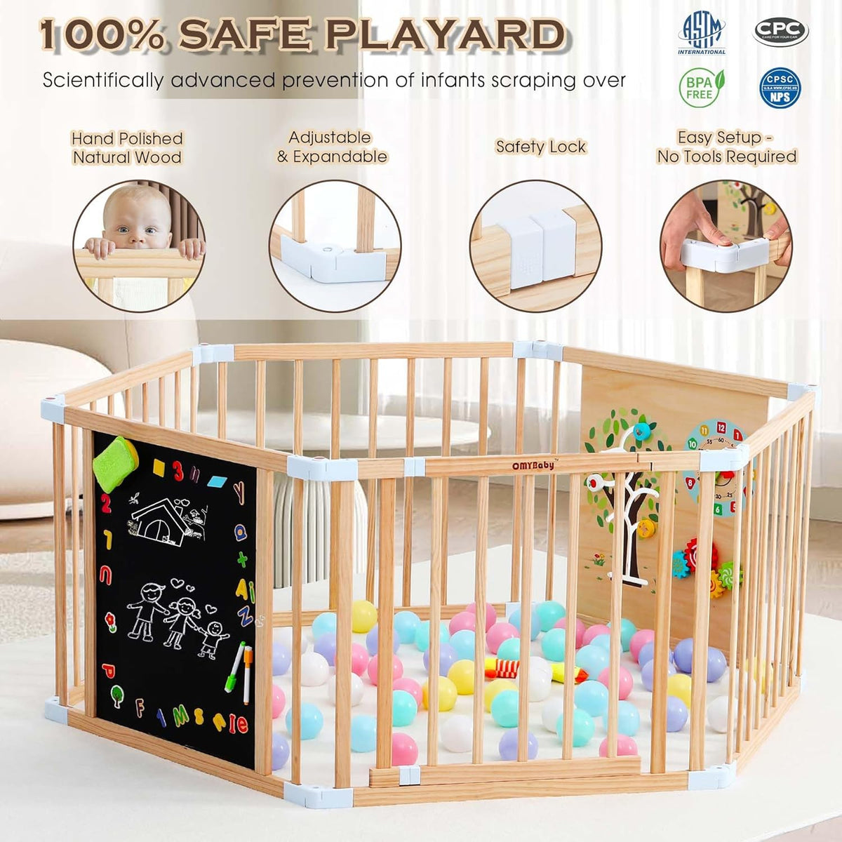 Wooden Baby Playpen with Door, Removable and Expandable Baby Play Fence for Toddlers, Wooden Playpen Baby Playground with Chalk Whiteboard and Montessori Activity Games (6 Panels- 62 x 56 Inch) - QUORE