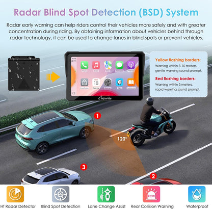CARPURIDE W702RS Pro Motorfiets Carplay Scherm met Radar BSD en BM05 Mount, Draadloze CarPlay & Android Auto, 7 inch Waterdicht Touchscreen, Intercom Functie, Dual Bluetooth, Wired Controller, Navi.
