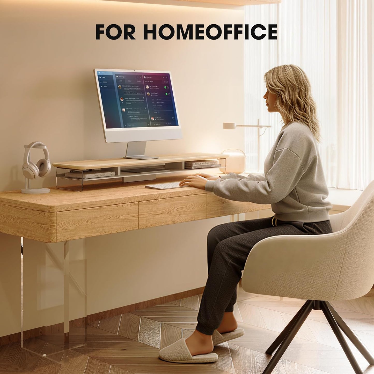 Fenge Monitorstandaard Acrilico, Verhoging voor Monitoren met Ruime Opbergruimte, Universele Monitorstand voor PC, Laptop en TV, Thuis en Kantoor (Eik, 108cm)