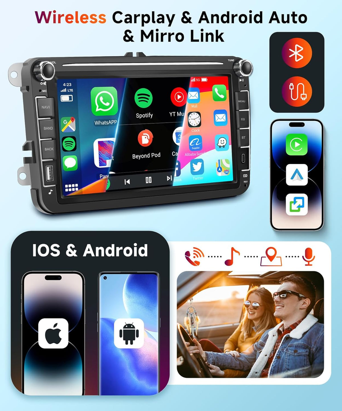4 + 64 G: Hodozzy Carplay autoradio voor VW Passat Golf, Seat, Altea, Skoda Octavia met USB/USB-C/GPS/WiFi, VW, autoradio 7 inch 2 DIN Bluetooth met Android Auto/32 EQ/FM/RDS/SWC + achteruitrijcamera