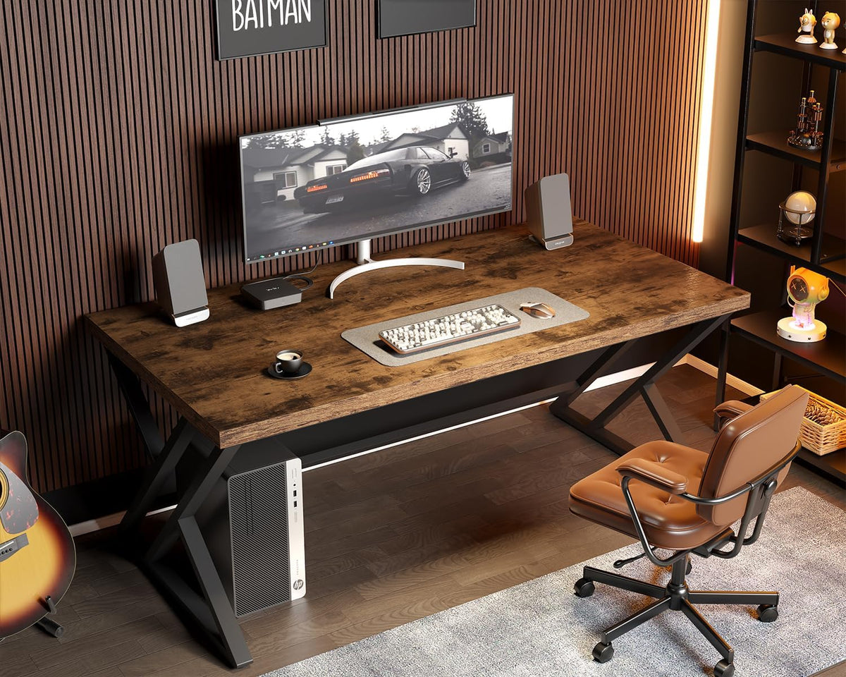 LVB Rustiek computerbureau, metalen houten bureau voor thuiskantoor, industrieel eenvoudig studiebureau voor schrijfwerk, houten student gaming computer pc-tafel met opbergruimte voor slaapkamer, 140