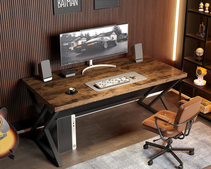 LVB Rustiek computerbureau, metalen houten bureau voor thuiskantoor, industrieel eenvoudig studiebureau voor schrijfwerk, houten student gaming computer pc-tafel met opbergruimte voor slaapkamer, 140
