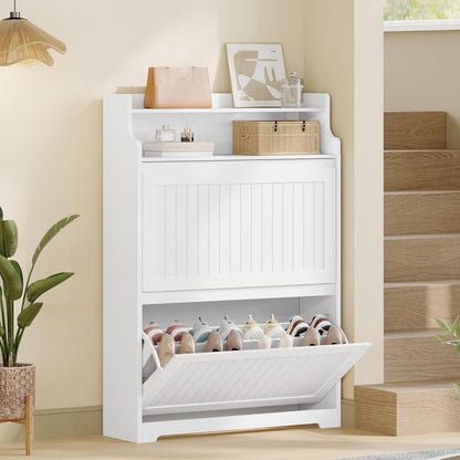 Hzuaneri Shoe Cabinet, SR66103X Shoe Rack, Narrow Shoe Rack, Adjustable Shoe Storage for Entrance Hallway, Living Room, 16 Pairs, 2 Flaps (80B cm), White