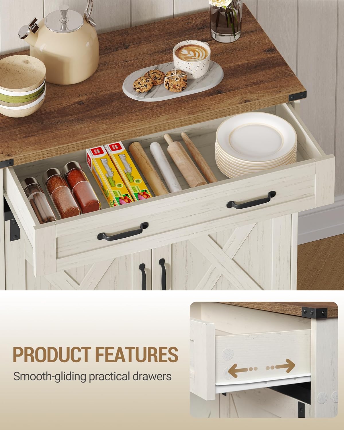 Hzuaneri Kitchen Cabinet, Sideboard with Drawer, Storage Cabinet with 2 Doors, Adjustable Shelves, Country House Style, Kitchen, Living Room, 40 x 80 x 80 cm, Vintage Brown-White SC84814X
