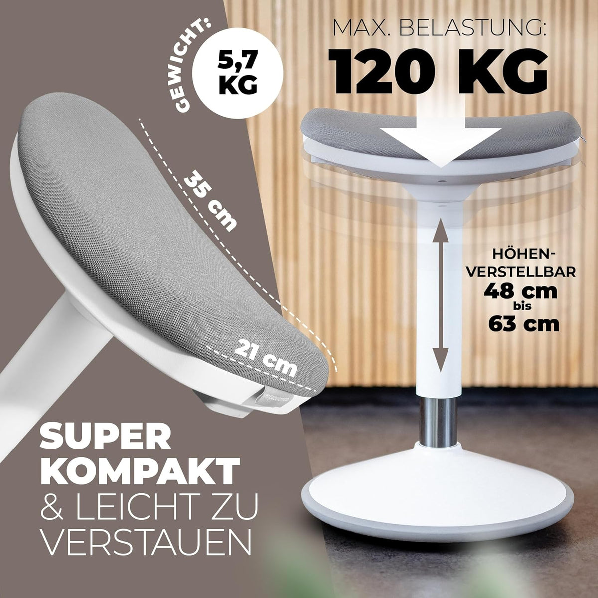Ergonomische Kruk – Kantoorkruk – Zadelkruk – Staande Kruk – Bureaukruk – Wit – Twee Zitposities – In Hoogte Verstelbaar