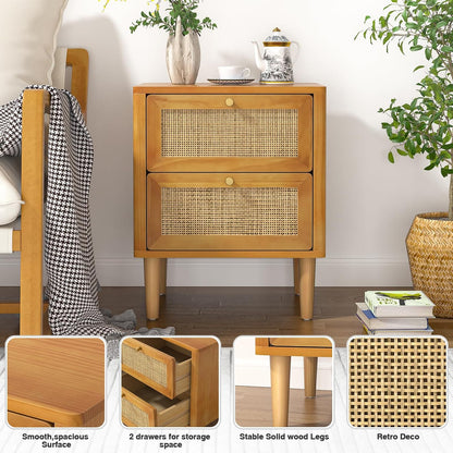 Rotan nachtkastje met 2 laden houten bijzettafel met poten van massief hout Boho nachtkastje kleine kast voor slaapkamer woonkamer kinderkamer volledig gemonteerd 45 x 40 x 55,5 cm
