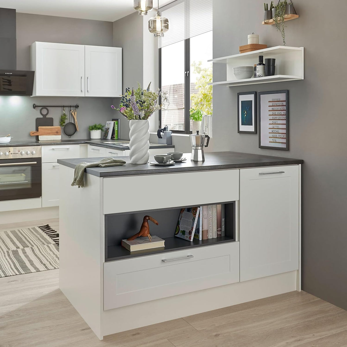 Keukeneiland – Kücheninsel – Keukenblok – Keukentrolley – Werkbank – Modern Mat Wit – Metallic Bruin Werkblad – Ruime Opbergruimte – 145 x 90 x 90 cm