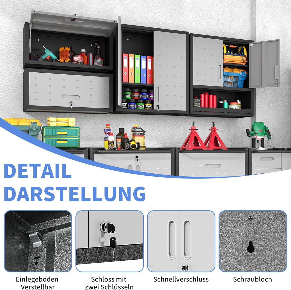 Garagewandkast met deuren en planken, metalen wandkast met open opbergruimte, hang-gereedschapskast voor garage en bijkeuken, zwart en grijs
