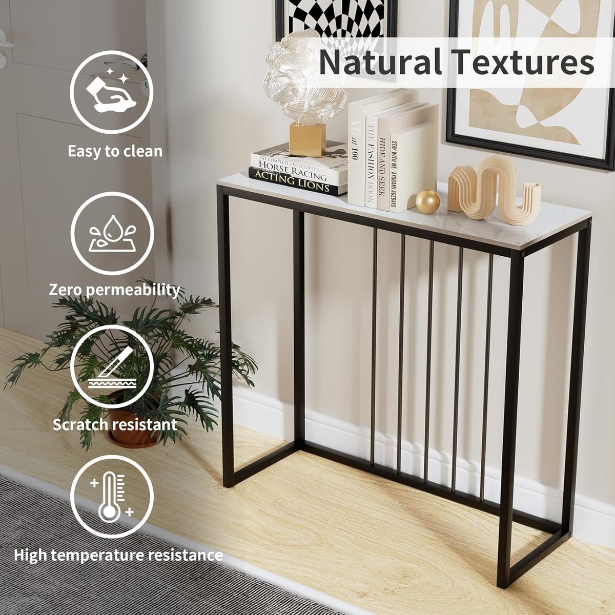 FATIVO Consoletafel, wit, 80 cm, gangtafel, marmer, salontafel, Scandinavisch, bijzettafel, moderne entreetafel met zwart metalen frame, luxe ingang, decoratieve tafel voor woonkamer, 80 x 30 x 78,5