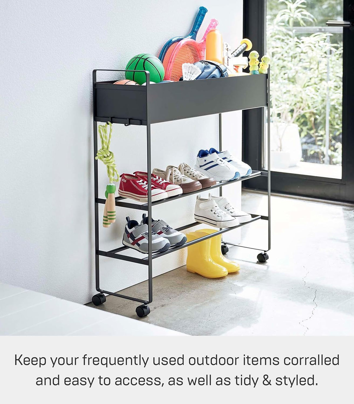 Yamazaki 5279 TOWER Storage Cart with Basket, black, Steel / Magnet Nylon, 74.5(without casters：70) x 22 x 74.5 cm