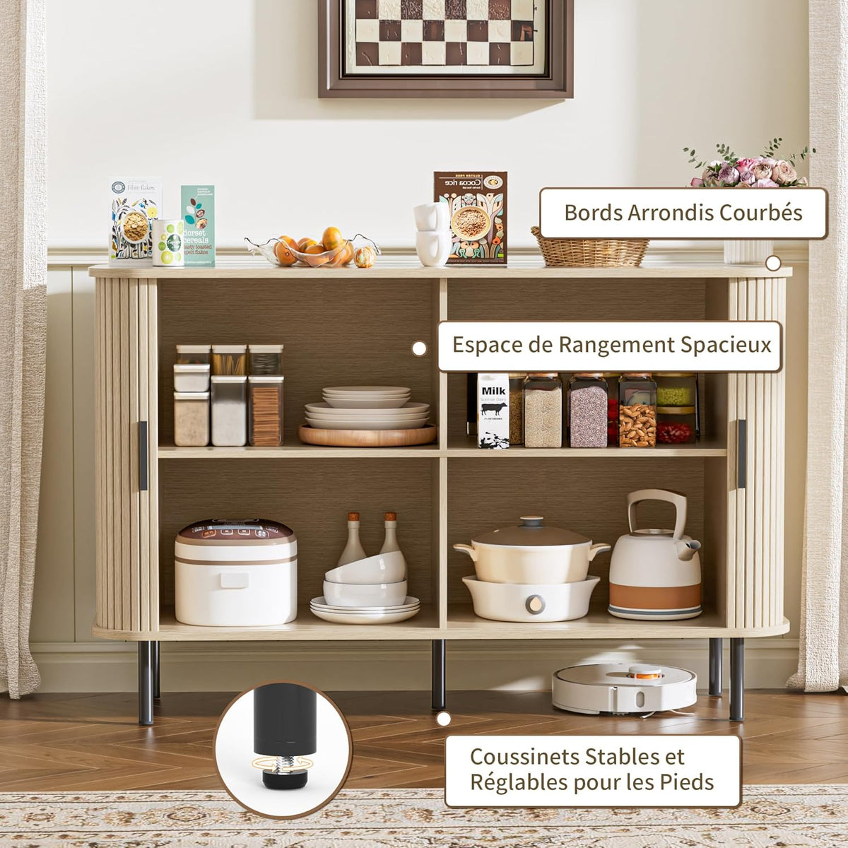 Sideboard, keukenkast met 2 schuifdeuren, verstelbare planken, opbergkast, koffiebar kast, dressoir voor keuken, eetkamer, woonkamer, 120 x 40 x 77 cm, houtkleurig